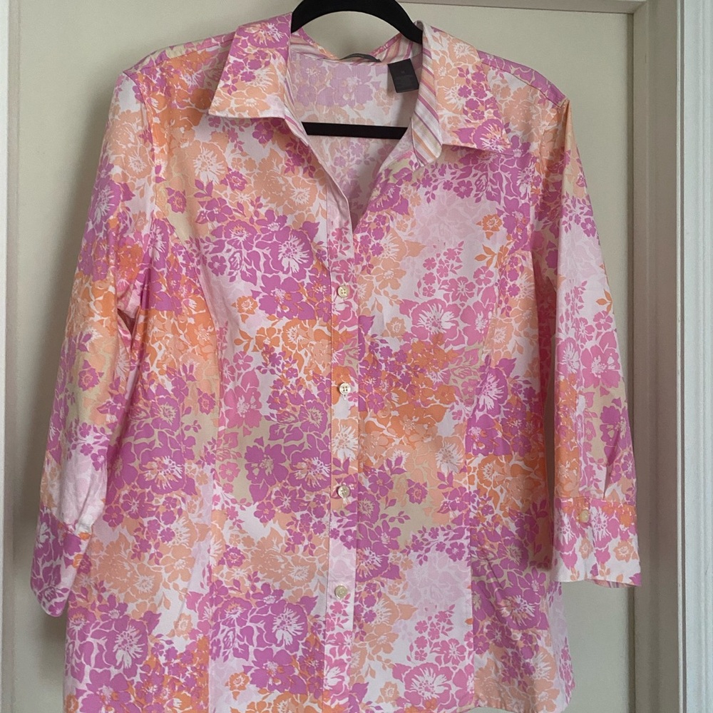 Liz Claiborne Pink and Orange Button Down Shirt with Notched Collar